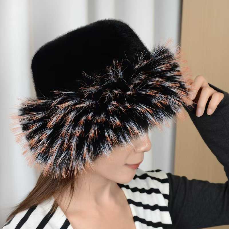 New Flat Top Hat Plush Hat Autumn Winter Thickened Warm Faux Mink Raccoon Fur Colorful Fur Tip H251020