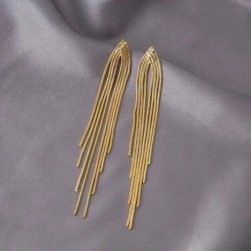 Vintage Gold Color Bar Long Thread Tassel Drop Earrings for Women Glossy Arc Geometric Korean Earring Fashion Jewelry 2023 New J251021