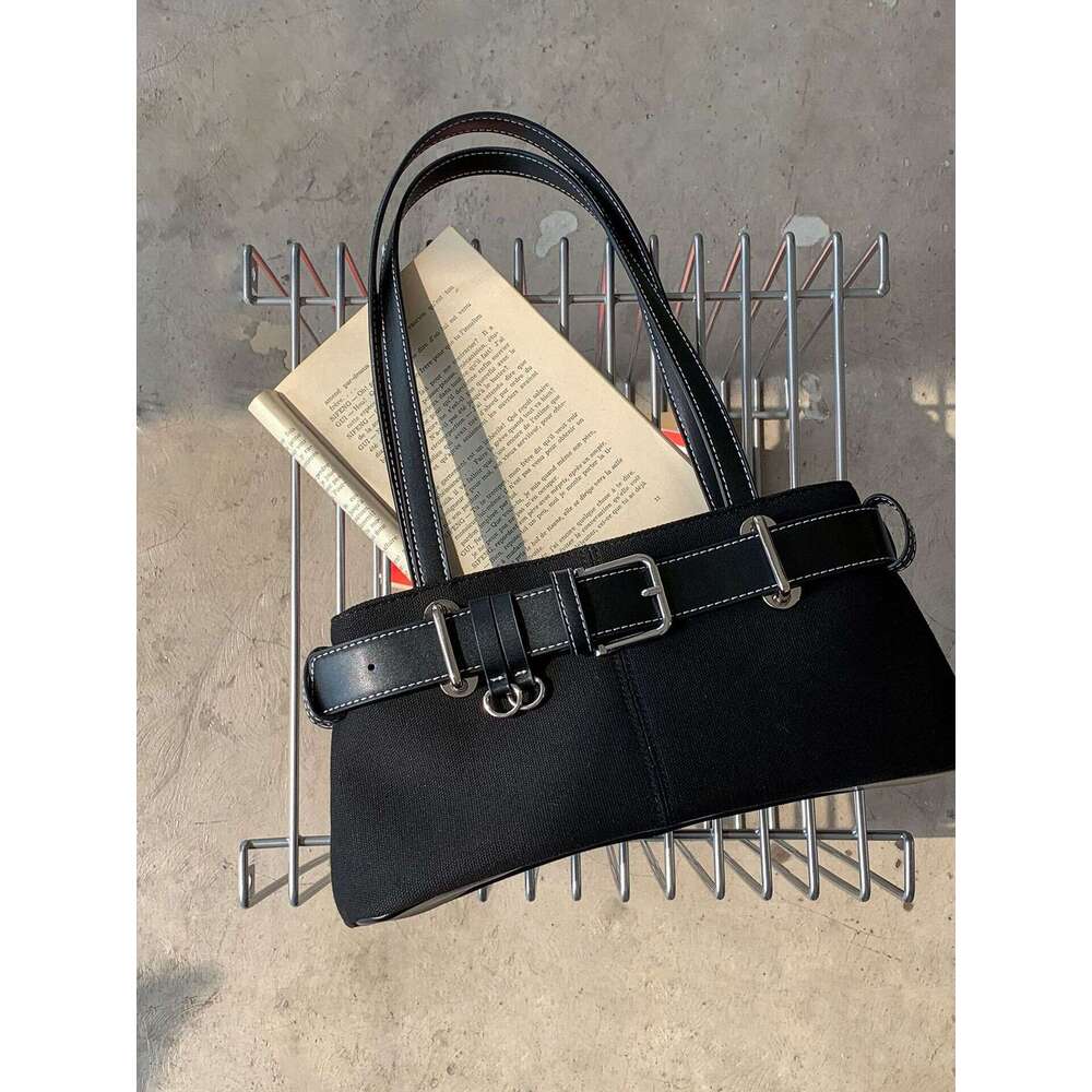 Underarm Canvas Niche PU Leather Belt Patchwork Design Single Shoulder Women Trendy New Small Square Bag B5