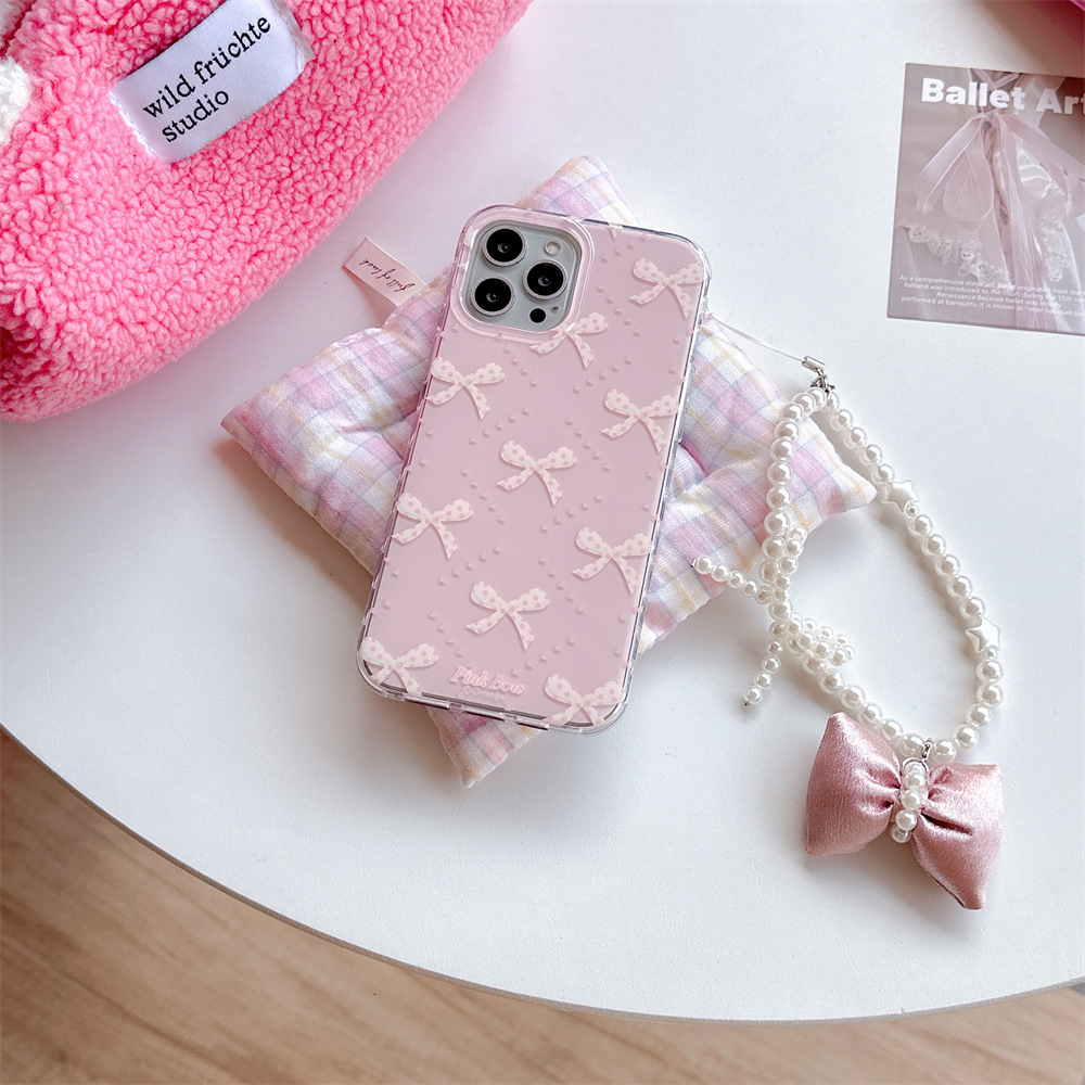 for iPhone 17/16 Case, with Hand Wrist Strap Lanyard, Bow Case , Wireless Slim Clear Ribbon Protective Phone Cover with Charm for Women Girl - Pink