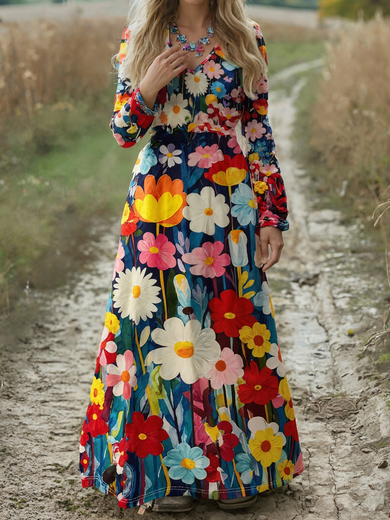 Women's Autumn New Floral Printed V-Neck Long Sleeve Maxi Dress, Milk Silk Casual Versatile Outdoor Travel Women's Dress (S-XXL, Floral)-CF5