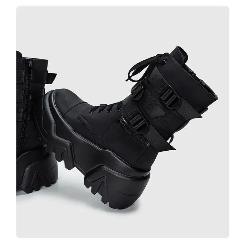 Women Ankle Booties Autumn Leather Chunky Shoes Woman High Platform Breathable Sneakers 9CM Thick Sole Wedges Motorcycles Boots251020