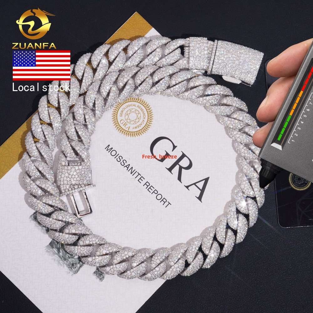 Local Stock Fast Shipping Hip Hop High Quality 925 Silver 15mm Mosaic Set Iced Out Moissanite Diamond Cuban Link Chain