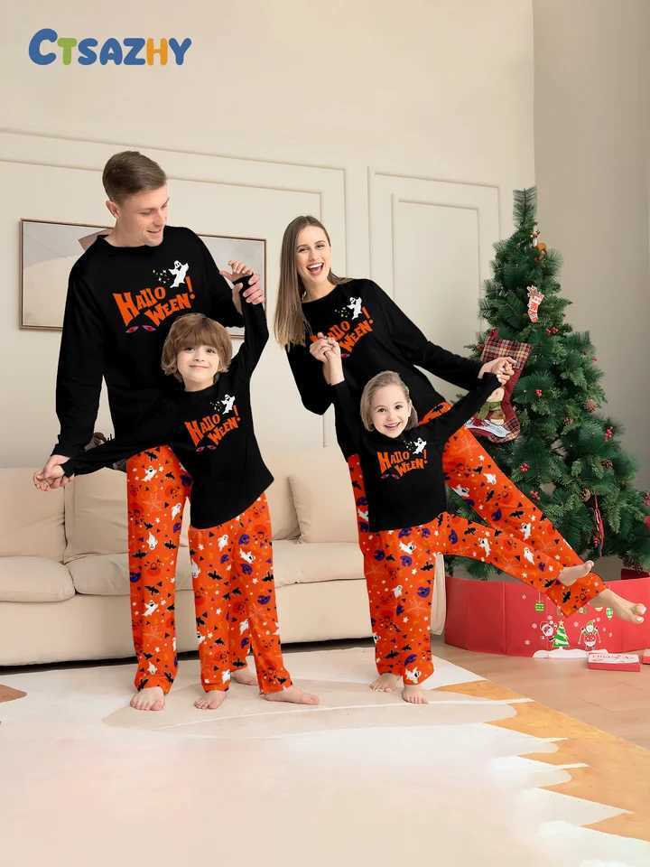 Parent Child Halloween Pajamas Set Black Tops Orange Pants HALLOWEEN Ghost Prints L251021XM2J