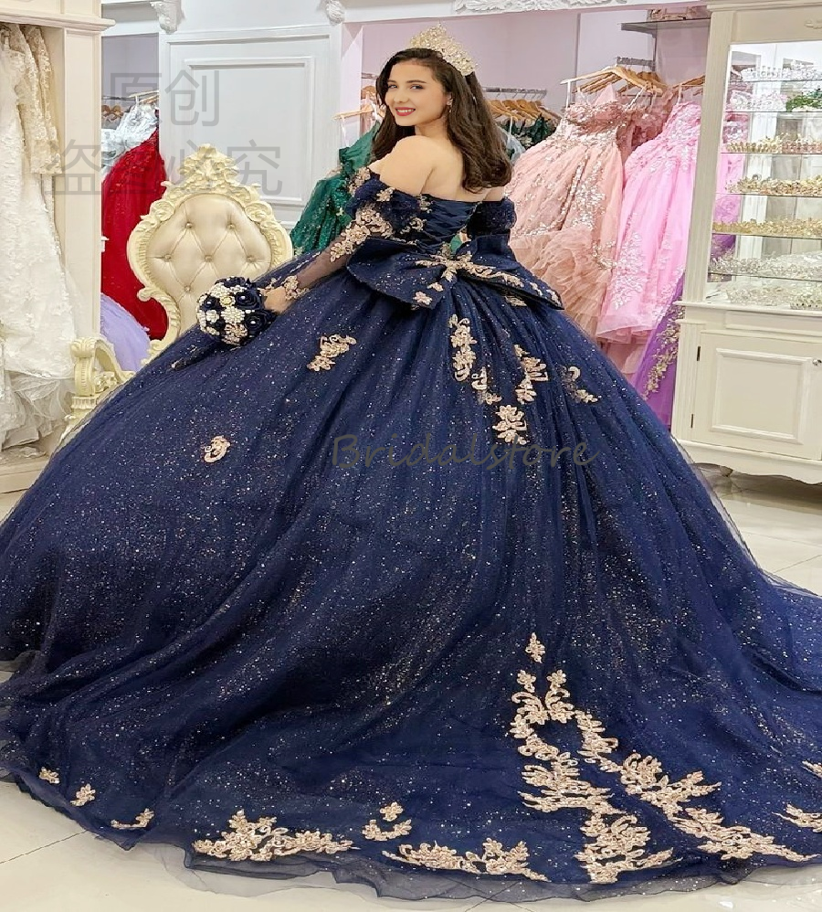 Sparkly Navy Quinceanera Dresses Glitter Gold Lace Off Shoulder Ball Gown Vestidos De 15 Quinceanera Birthday Sweet 16 Dress 2026 Formal Occasion Part