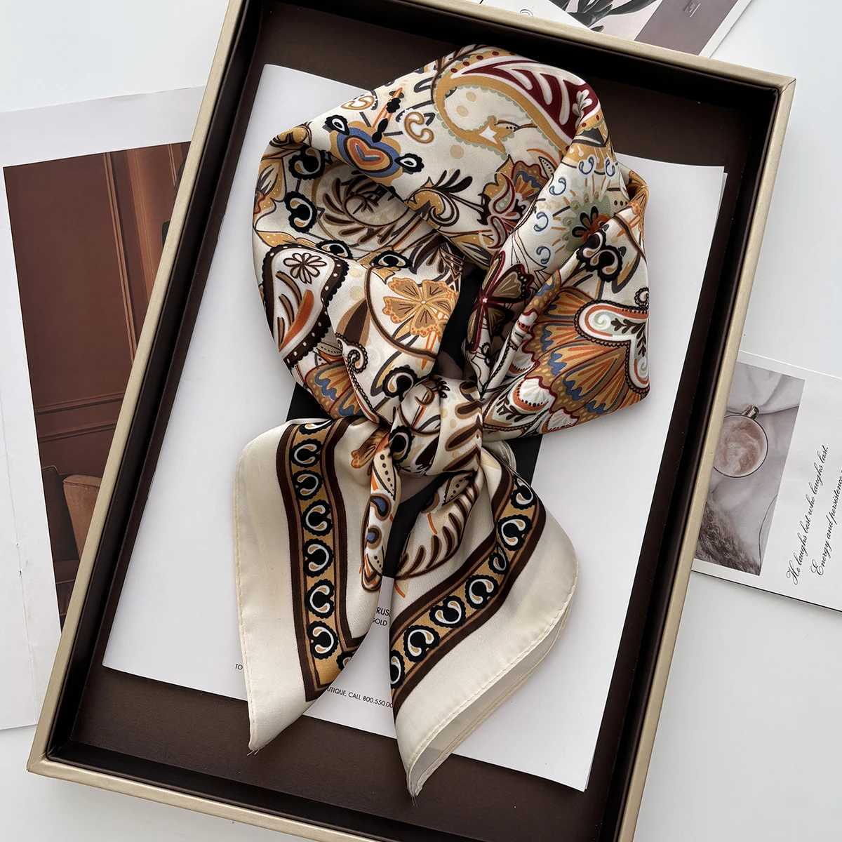 Spring Summer Lotus Print Satin Scarf Square Neckerchi for Wen Wrap Fashion Decorative Accory BandanaW251021