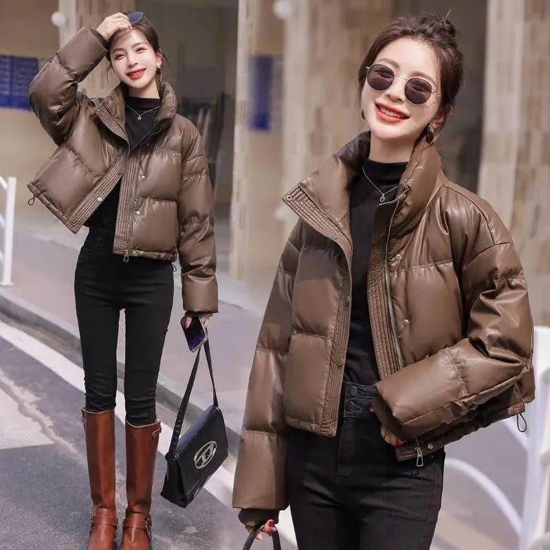 Solid Color Windproof Cropped Puffer Jacket Women Winter Thick Short Coat Warm Fluffy Parka Vintage Tops Womens Clothing 251021