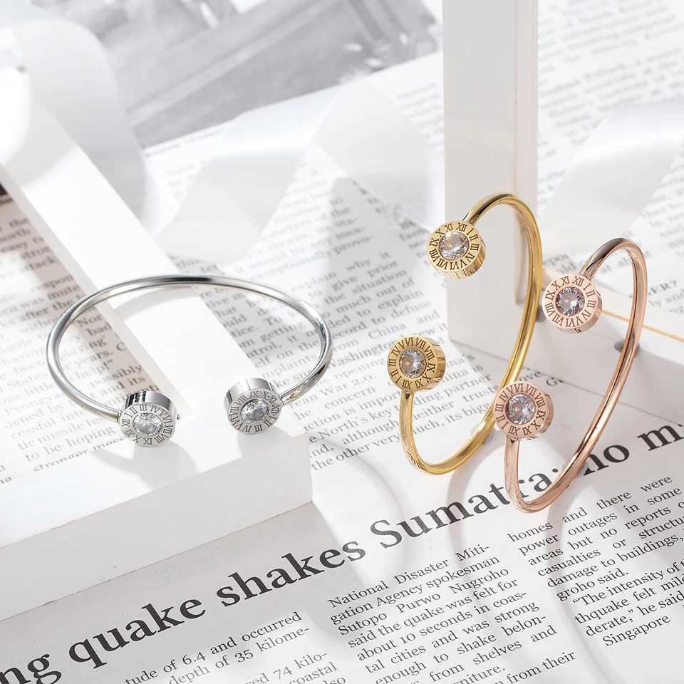 Adjustable Open Stainless Steel Bracelets Bangles 3 Color Cuff Bracelet For Women Roman Letters Crystal Jewelry Gift For Girls J251021