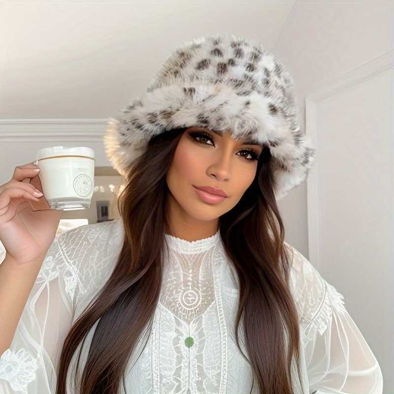 Style Leopard Print Plush Fisherman Hat for Women Autumn and Winter Slimming Niche Fluffy Warm Ear Protection Bucket Hat H251020