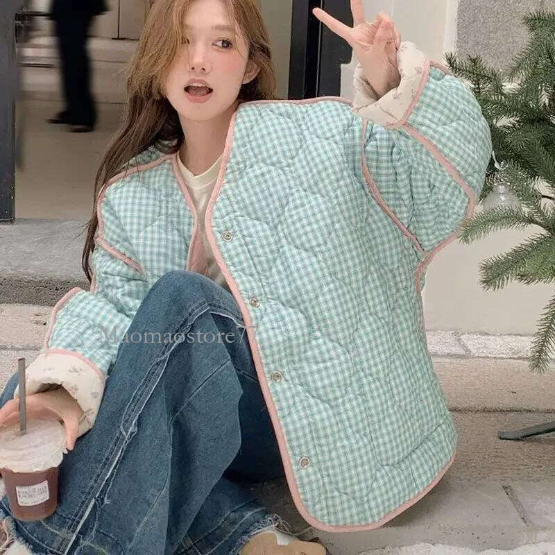 New Rhombus Small Tops Floral Quilted Cotton-Padded Jacket Outerwear Winter Double-Sided Wear Mid-Length Cotton-Padded Jackets womens coat