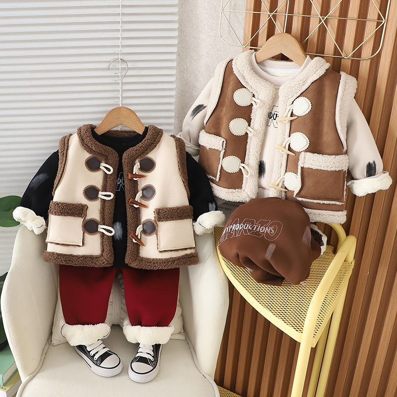 luxury kids clothing Ultra-Warm Kids 3-Piece Set 2025, Fleece-Lined Hoodie Vest Combo, Coordinated Winter Outfit for Toddlers Boys Girls