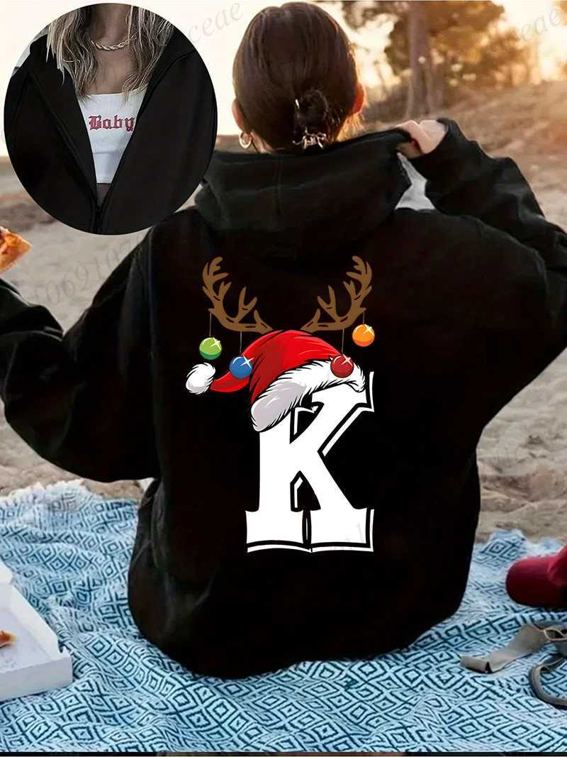 Retro Print Reindeer Hat Alphabet Style Hoodie Y2k Harajuku Casual Zipper Hoodies Sweatshirt Xmas Party Fashion Street Clothing W251021