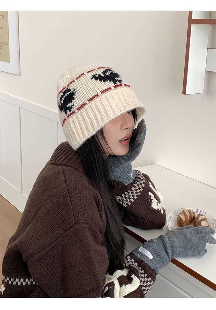 Peace Dove Casual Versatile Knitted Jacquard Beanie for Women Autumn and Winter Style Bucket Hat Headwrapping Cold Hat Niche H251020