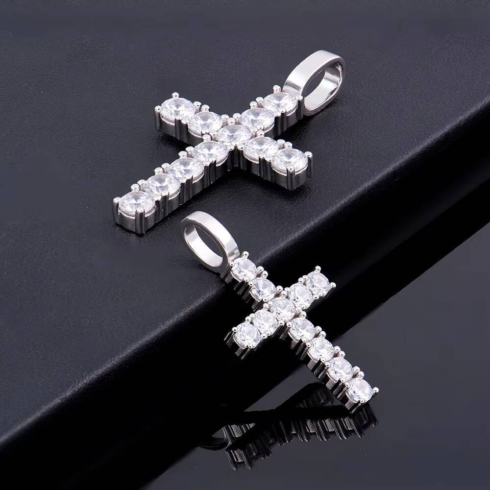 Custom 925 Sterling Silver Cross Pendant for Men Hip Hop Style Rhodium Plated Ice Moissanite Chain Fine Pendants Charms