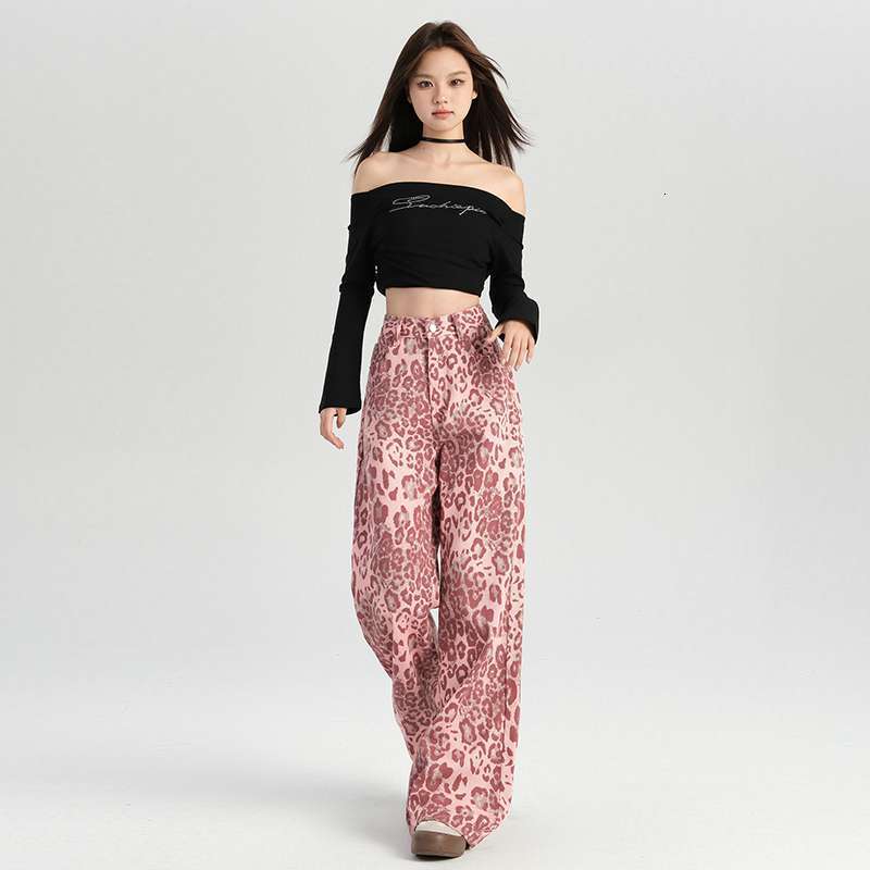2025 Pink Leopard Pattern Designer Pants Women's Printed Jeans Autumn Thin Loose Autumn New High Waist Straight Tube Wide Leg Floor Length
