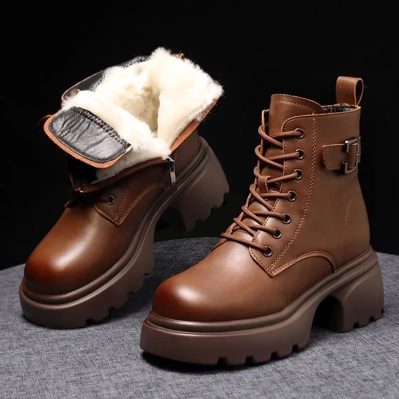 2025 Plush Snow Boots Female Winter Leather Cotton Shoes for Women Thickened Bottom Ladies Ankle Boots Padded Warm Cotton Shoes 251021