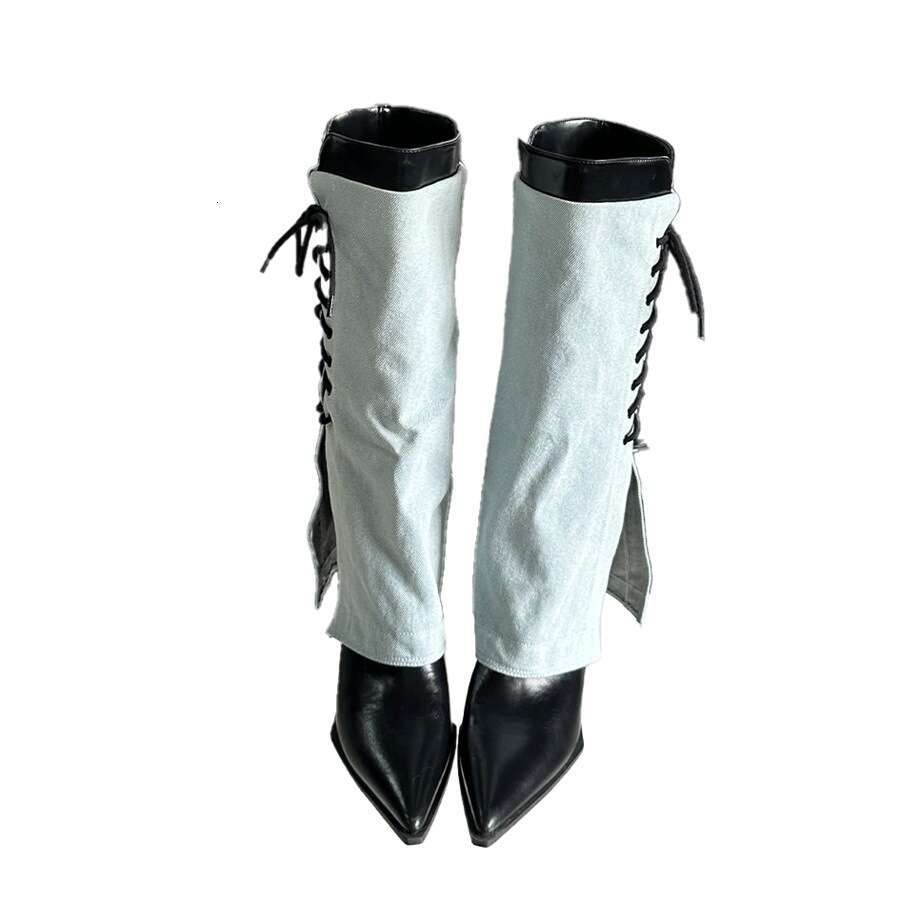 Pointed Toe Chunky High Heel Long 2025 Autumn Winter New Denim Lace-up Cuff Designer Shoe Niche Fashion Boots for Women