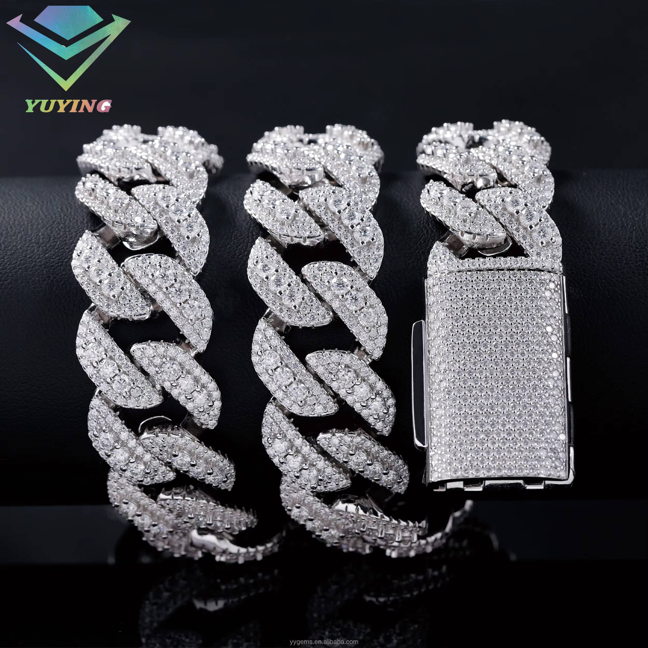 Customized 15mm 18mm 20mm Cuban Chain S925 Sliver GRA Vvs Moissanite 3rows Mens Jewelry Rapper Necklace Cuban Link Chain