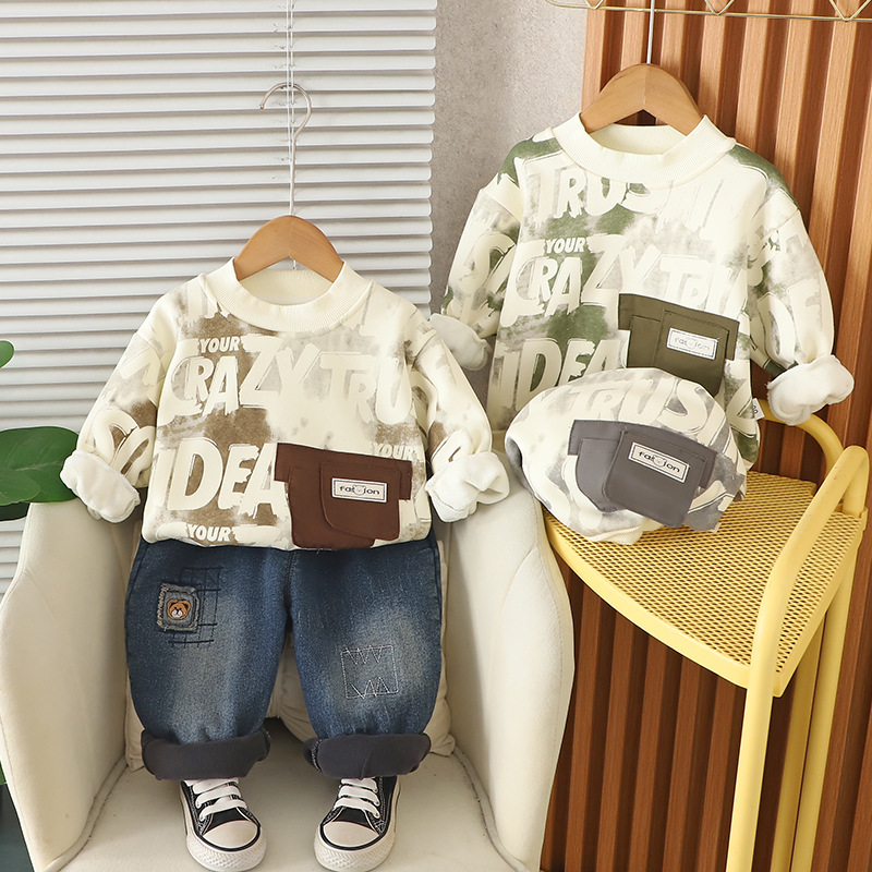 luxury kids clothing 2025 Boys Fleece-Lined Sweatshirt Set, Crewneck Jogger Outfit with Patch Pocket, Warm 2-Piece Autumn Winter Clothes