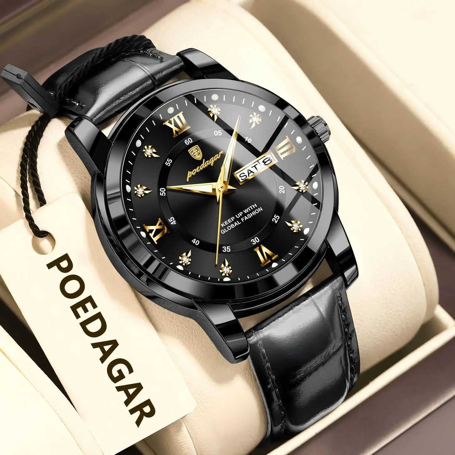 POEDAGAR Luxury Brand Male Clock Waterproof Luminous Leather Busin For Man Date Week Fashion Mens Quartz es RelojXJ251021