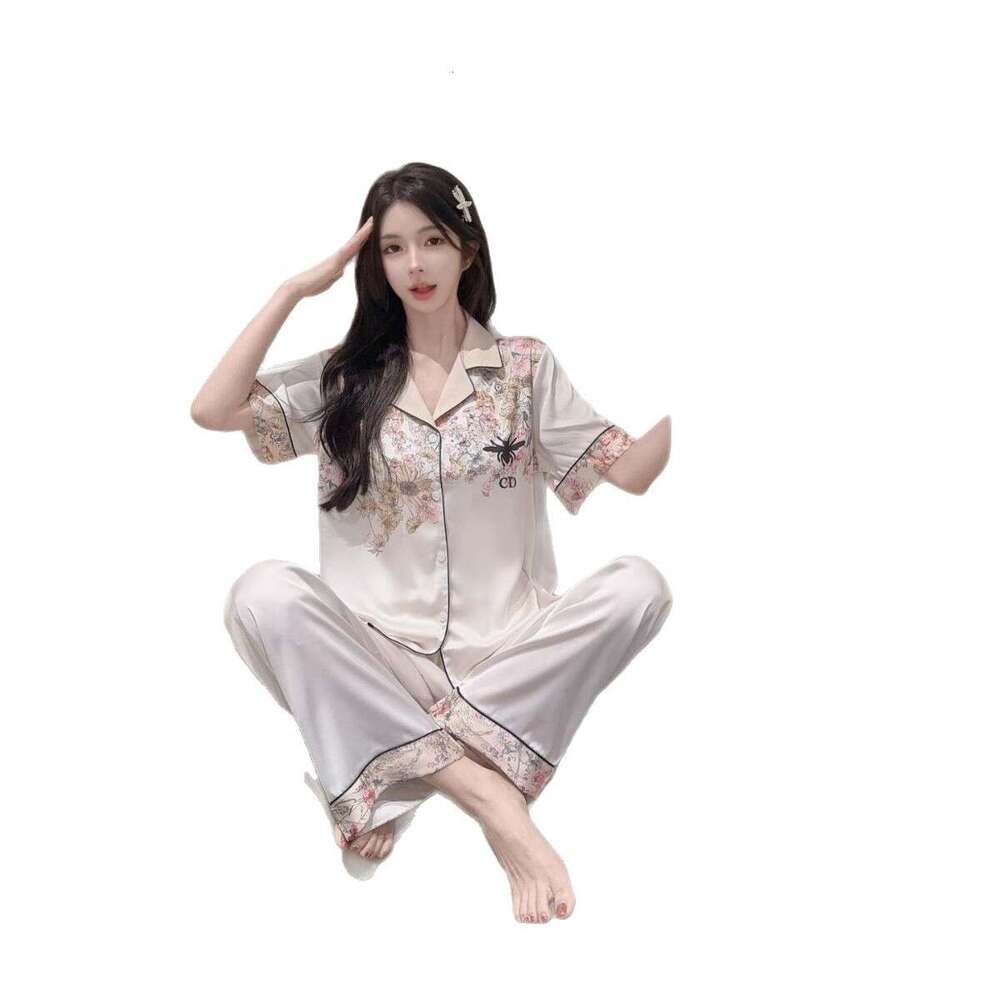 2025YD Home Wear New Ice Pajamas for Women Spring and Autumn Long Sleeve Silk Pink Little Bee Three-Piece Set