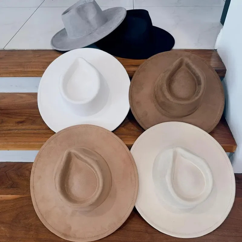 Vegan suede fedora hat with large teardrop top for women with stiff brim flat fashion hat suede hat hats for women 251016