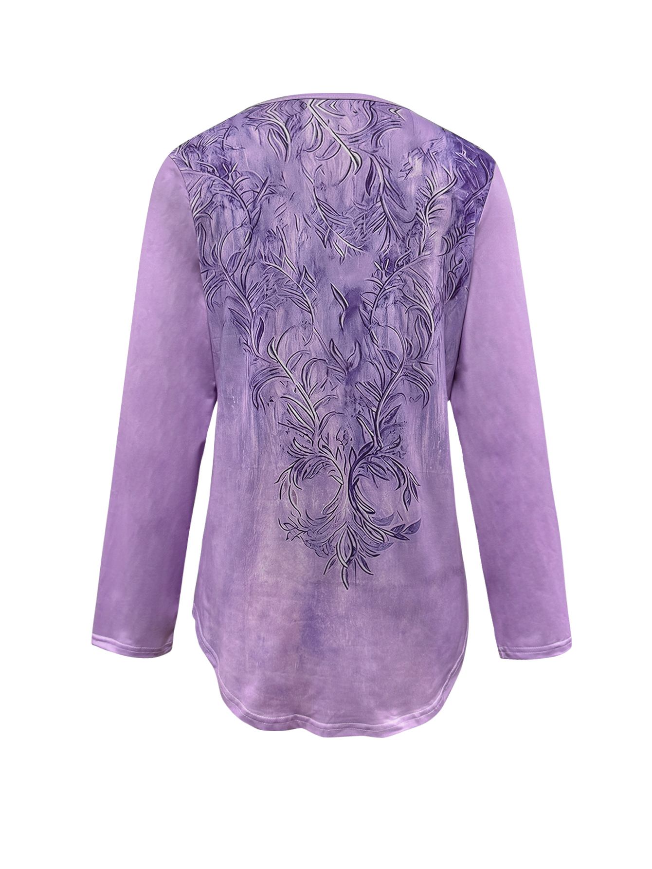 Women's Autumn & Winter Fashion Casual Small V-Neck Purple Plant Printed Long Sleeve Top, Milk Silk Semi-Circular Hem Blouse (S-XXL, Purple)-CF55
