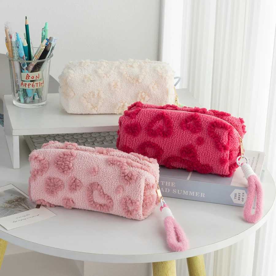 1pcs Cute Plush Makeup Bags For Women Pink Red Color Heart Cosmetic Bags With Lanyard Girl Large Capacity Travel OrganizerW251021