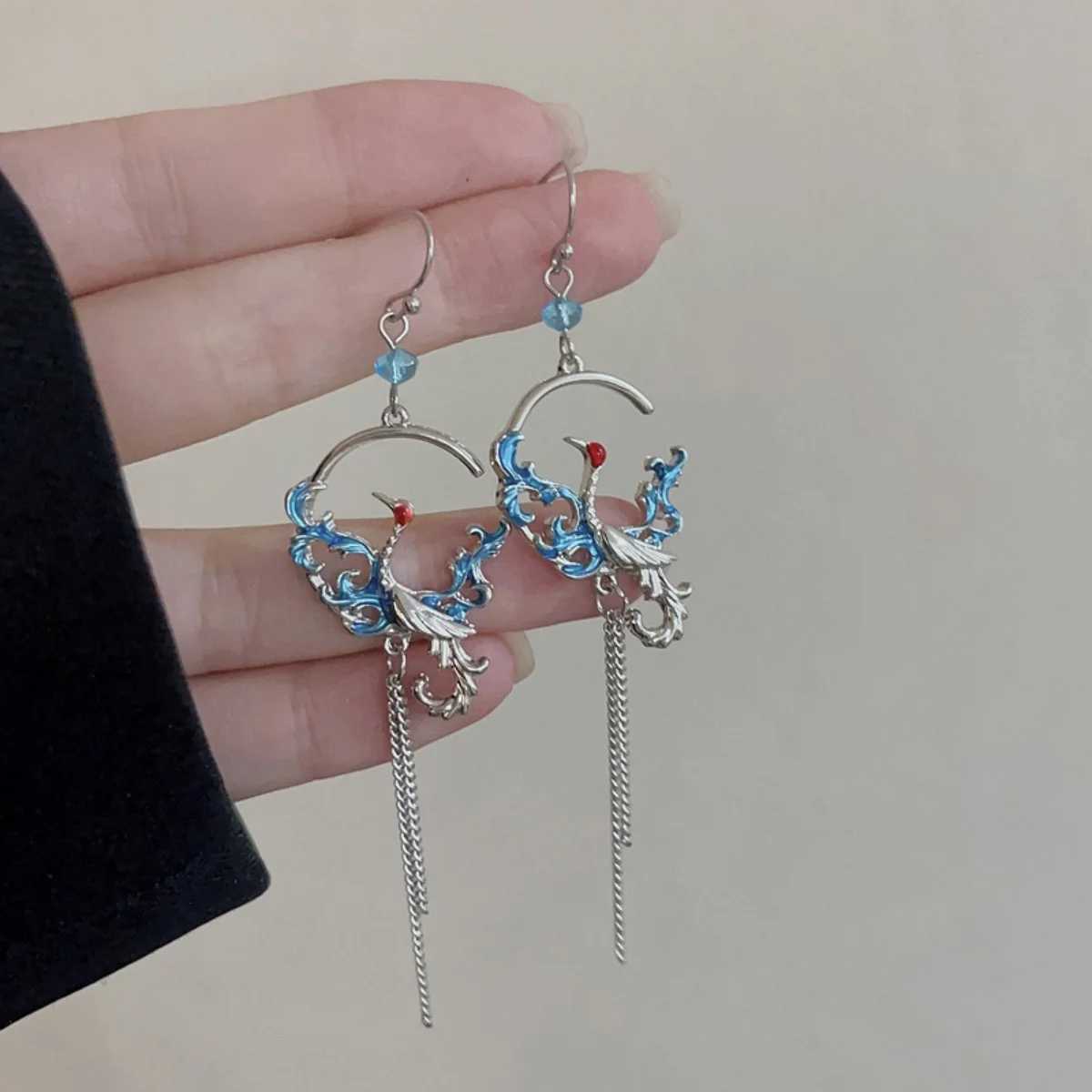 Vintage Enamel Crane Bird Dangle Earrings For Women Men Chinese Style Folding Fan Flying Birds Koi Cat Animal Earrings Jewelry J251021