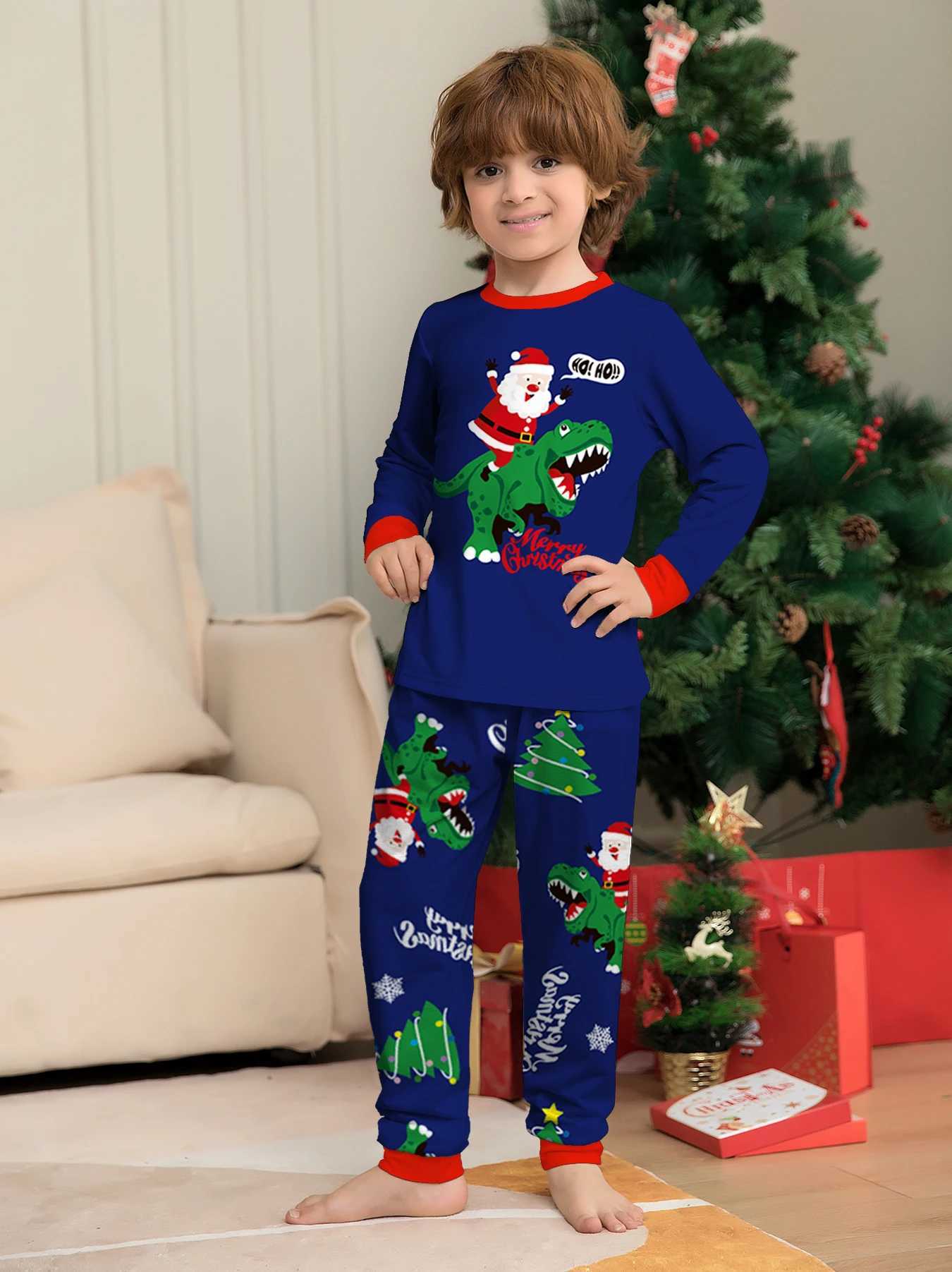 Parent Child Christmas Pajamas Set Navy Red Santa Dinosaur Merry Christmas Prints L2510212J3W