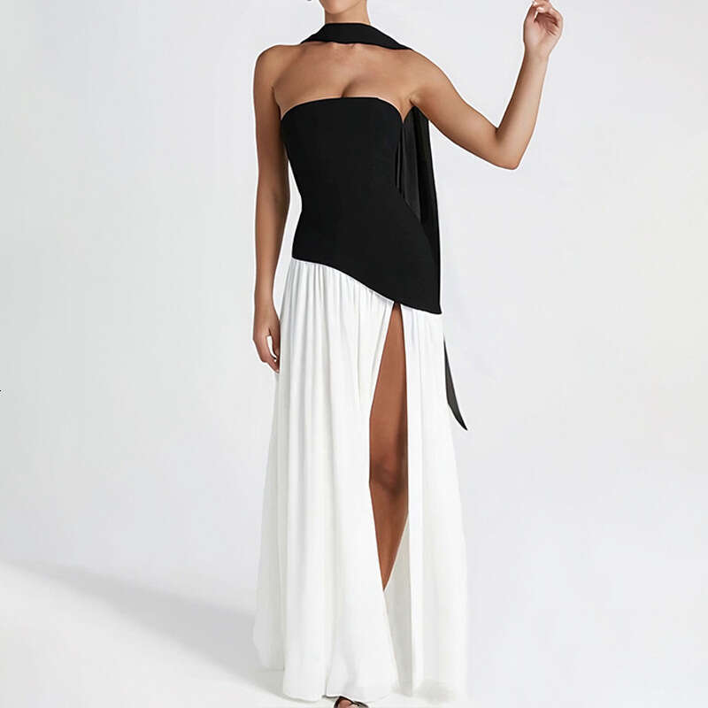 2025 Women's Strapless Solid Color Fashion Sexy Autumn Backless High Split Long Dress New Style