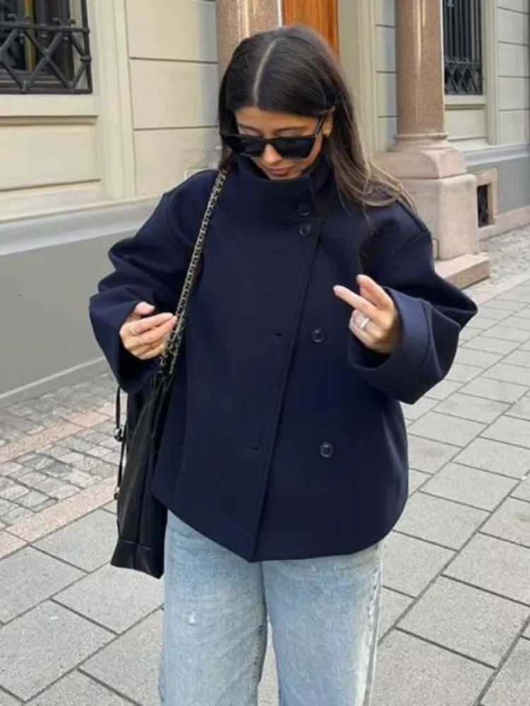 Stand Collar Women Winter Woolen Coat Spring Single Breasted Loose Female Long Sleeve Jacket Office Lady Street Short Coats 251021