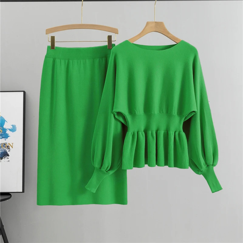 Autumn Elegant 2 Two Piece Set Women Lantern Long Sleeves Crop Tops Fashion Casual Pullover Sweater Sexy High Waist Skirts Sets 251021