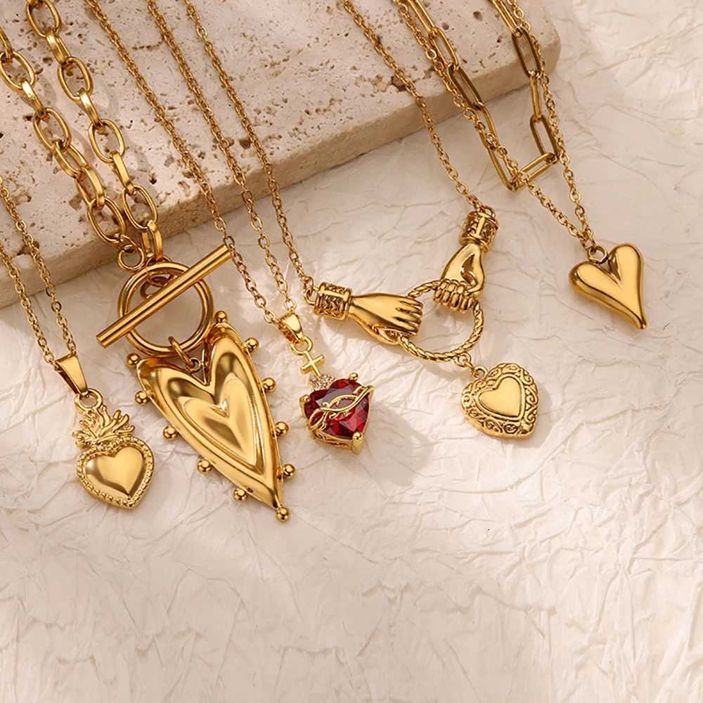 Punk Gold Color Heart Pendant Necklace for Women Stainless Steel OT Buckle Beaded Necklace Chain Choker Y2K Jewelry Accessories XJ250717