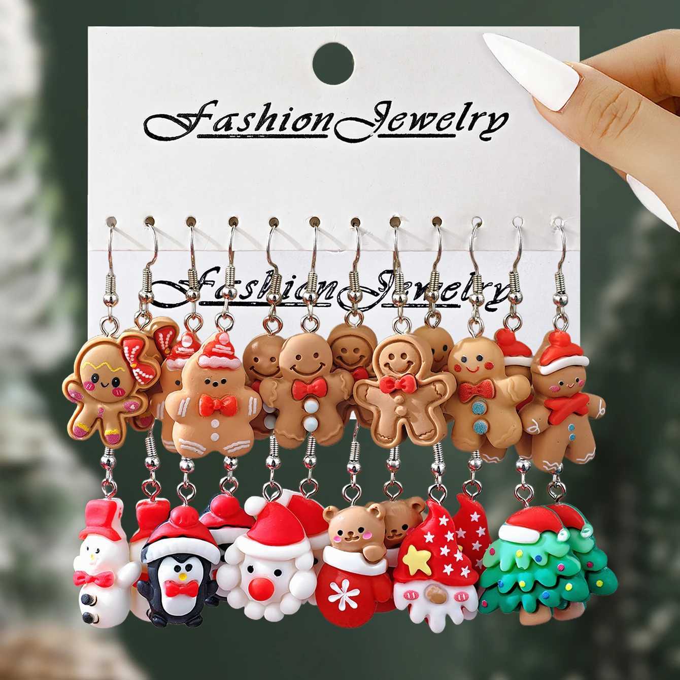 New Cute Cartoon Gingerbread Man Christmas Tree Santa Penguin Resin Dangle Earrings Set Womens Christmas Gift Jewelry J251021
