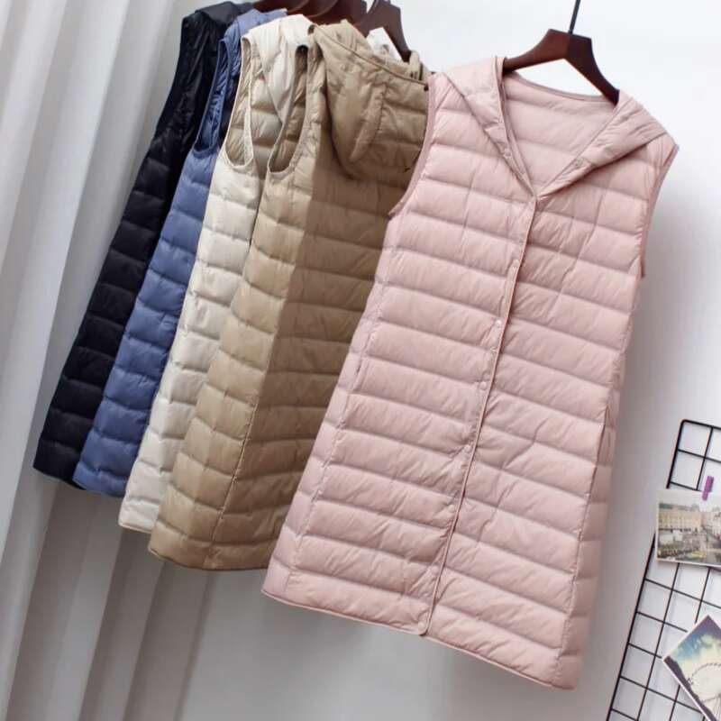 Women Ultra Light Long Vest With Hood Casual Slim Waistcoat 90% White Duck Down Gilet New 2025 Fashion Hot Sale womens coat