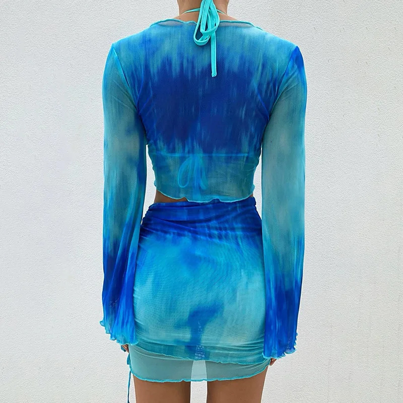 Nsangu Sexy Two Piece Set Blue Tie Dye Mesh Crop Top Cardigan Mini Skirts Beach Wear Vacation Outfits Summer 251016