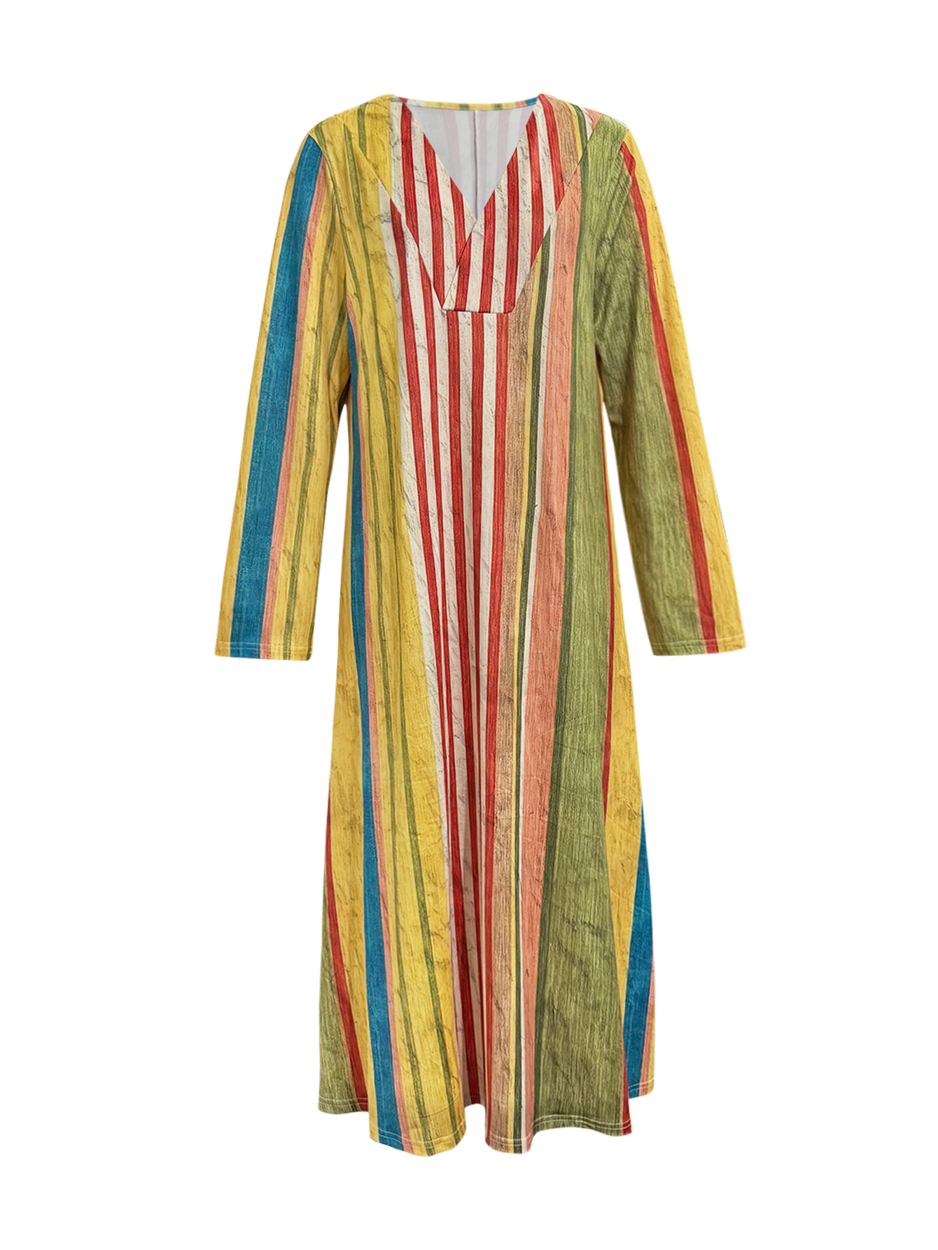 Women's Autumn New Striped Printed Deep V-Neck Beach Vacation Dress, Milk Silk Casual Versatile Long Dress-CF50882