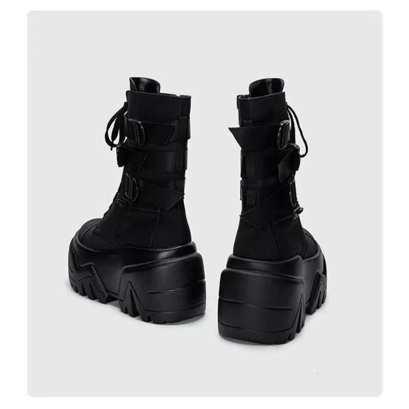Women Ankle Booties Autumn Leather Chunky Shoes Woman High Platform Breathable Sneakers 9CM Thick Sole Wedges Motorcycles Boots251020