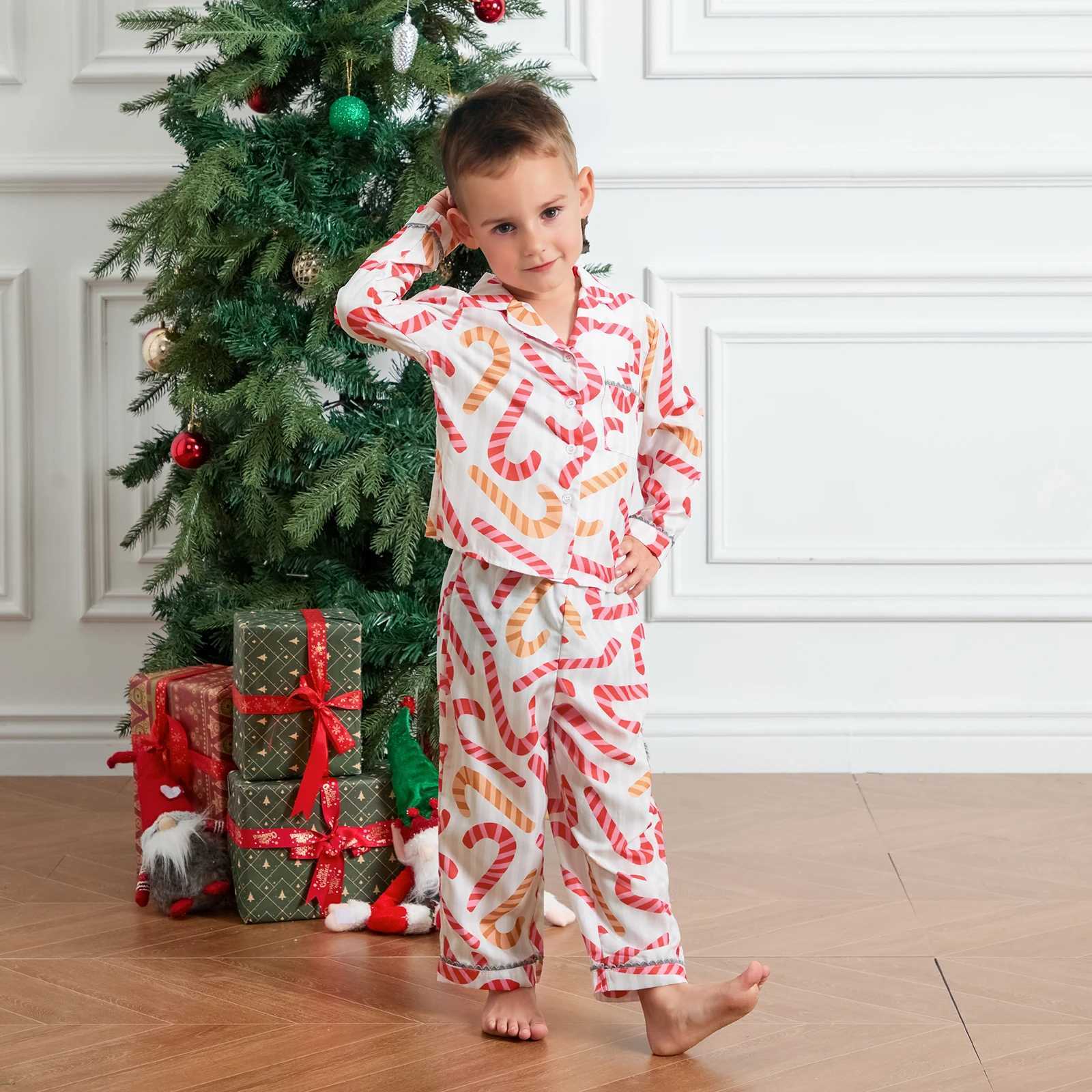 Family Matching Christmas Pajamas Set Fall Winter Loungewear Parents Kid Candy Canes Print Long Sleeve Lapel Neck Tops Trousers L2510218TS8