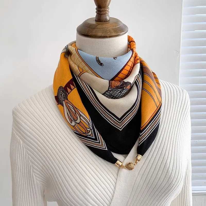 Magnetic Buckle Printed Womens Scarf Luxurious Cotton Linen Autumn Soft Satin Square Scarf Elegant Matching Clothing Gifts W251021