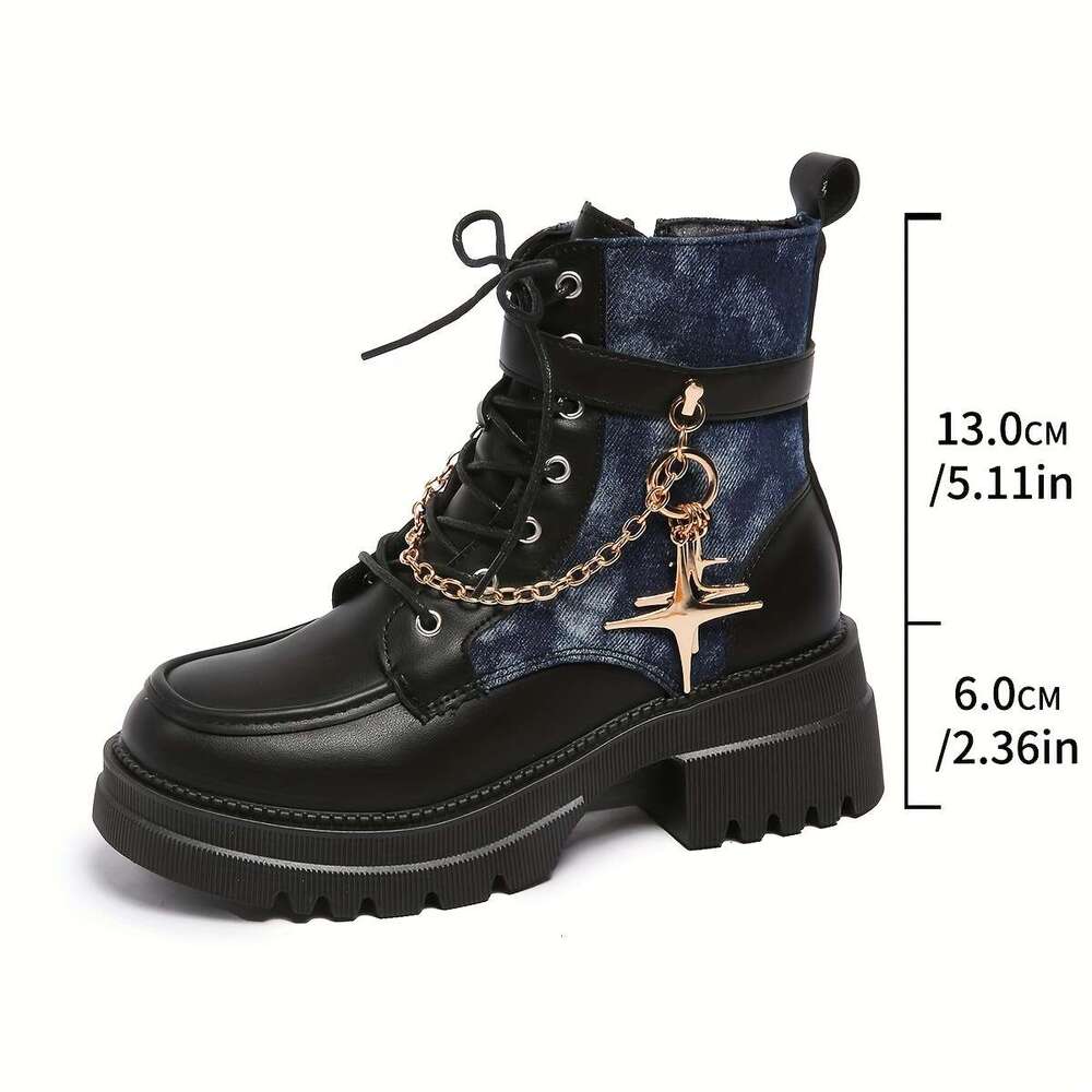 Chunky Platform Boots | Metallic Chain & Star, Thick Heel, Round Toe, Zipper, Synthetic