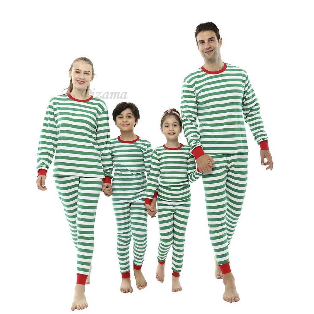 Matching Family Christmas Pajamas Children GreenWhite Striped Sleepwear Xmas New Year 100 Cotton Nightwear Family Look Outfits L2510217YX0