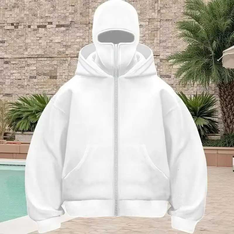 Mens Balaclava Zip Hoodie with Face Mask Winter Warm Zipper Sweatshirt Oversized Hooded Sports Jacket for Outdoor Activities W251021