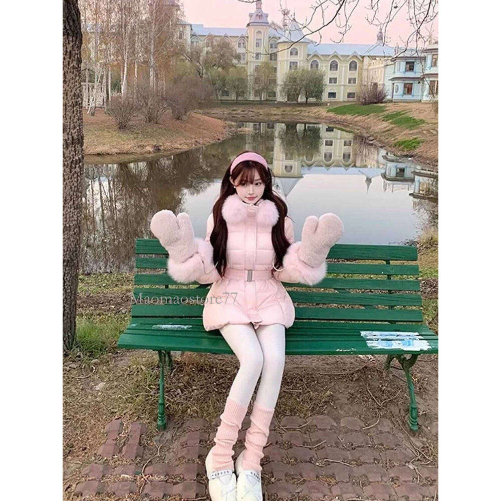 Korean Sle Women's Cotton Jaet With Large Fur Collar Medium Length Waist-Cinching Faionable Outerwear womens coat