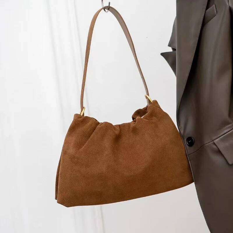Suede Underarm New Genuine Leather Vintage Pleated Frosted Hand-Held Crossbody Fashionable Ladies Shoulder Bag Suotong1021