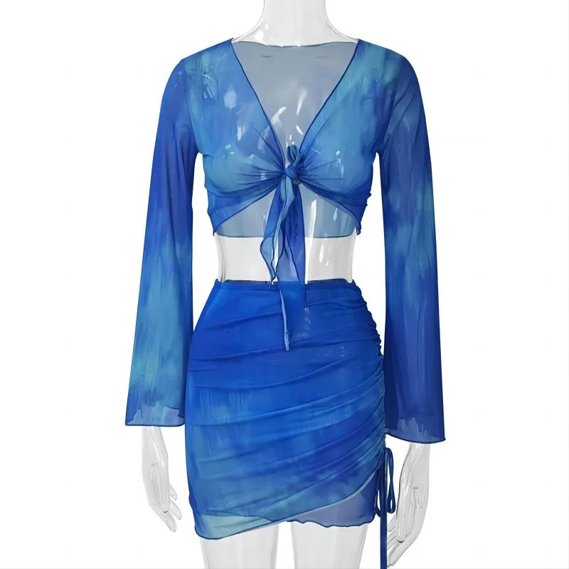 Nsangu Sexy Two Piece Set Blue Tie Dye Mesh Crop Top Cardigan Mini Skirts Beach Wear Vacation Outfits Summer 251016