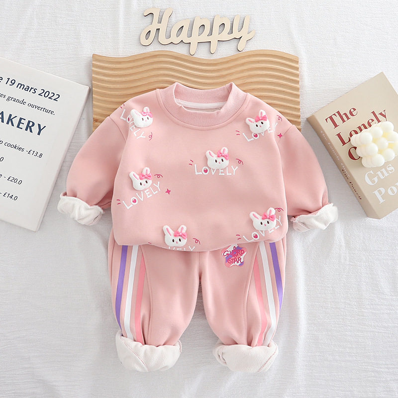 Free Shipping 2025 New Girls Fleece-Lined Sweatshirt Set 2-Piece, Korean Style Winter Outfit, Warm Hoodie & Joggers for Baby Girls