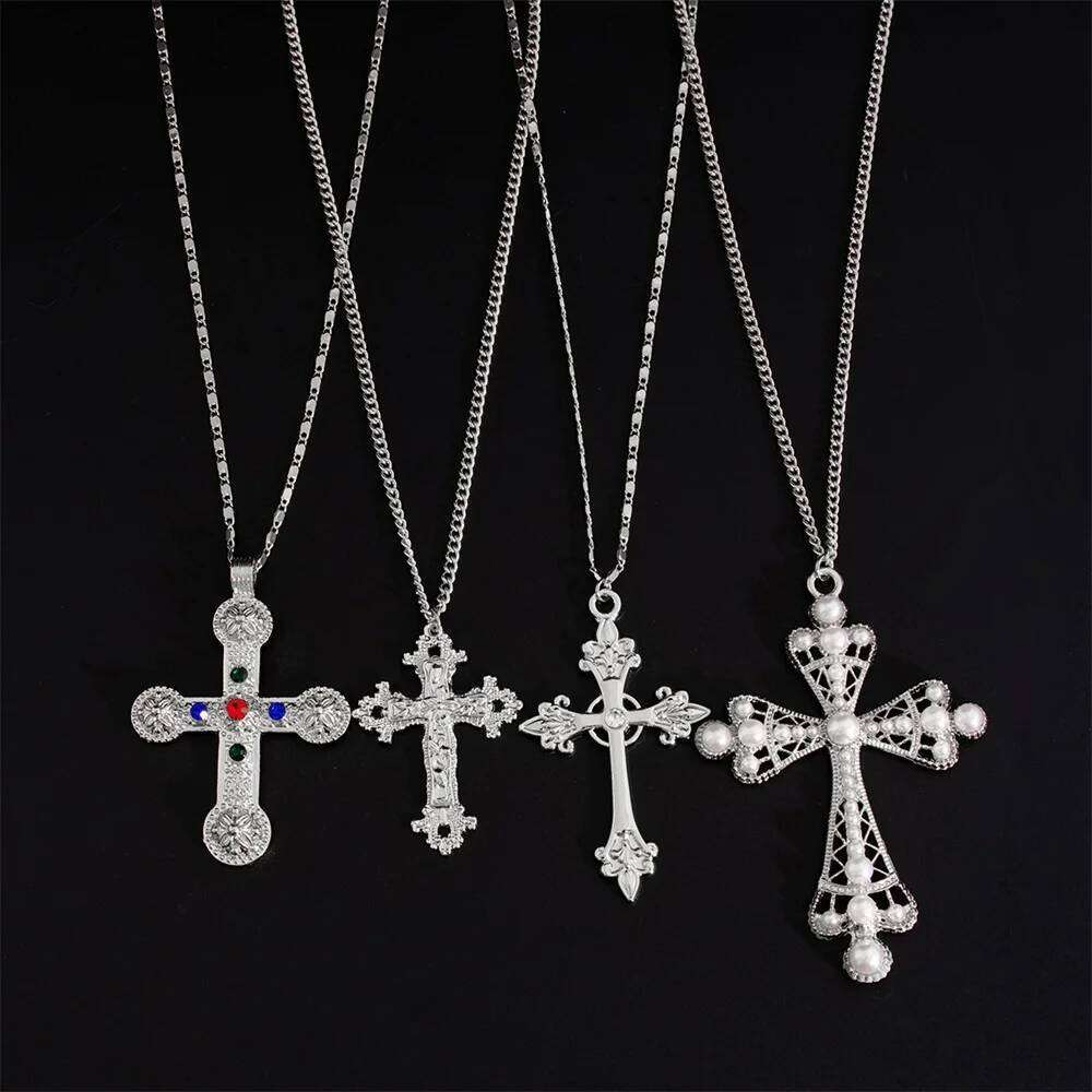 4Pcs/Set Zircon Cross Pendant Necklace Set For Women Vintage Adjustable Gold Color Long Chain Statement Y2k Jewelry