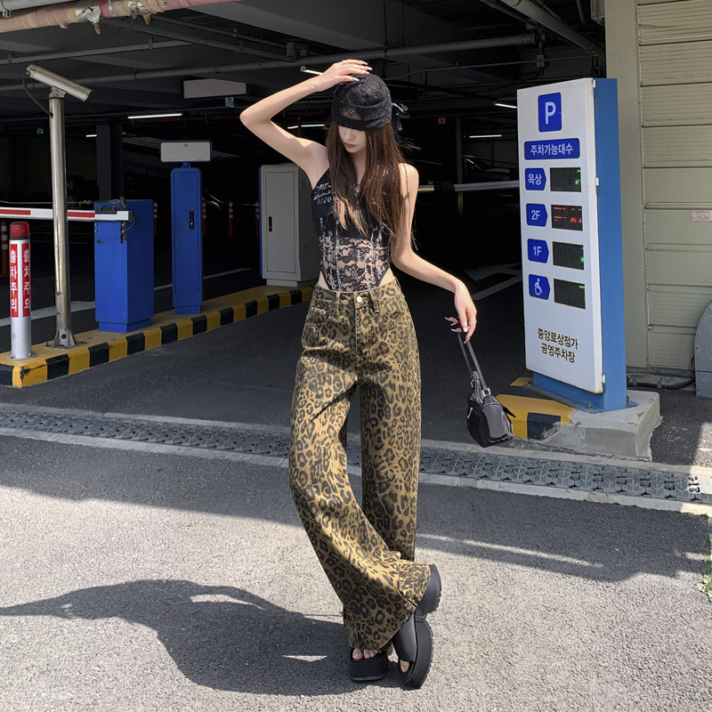 2025 luxury pants designer pants American retro leopard print wide leg jeans autumn and winter new casual loose men's and women's leopard pr